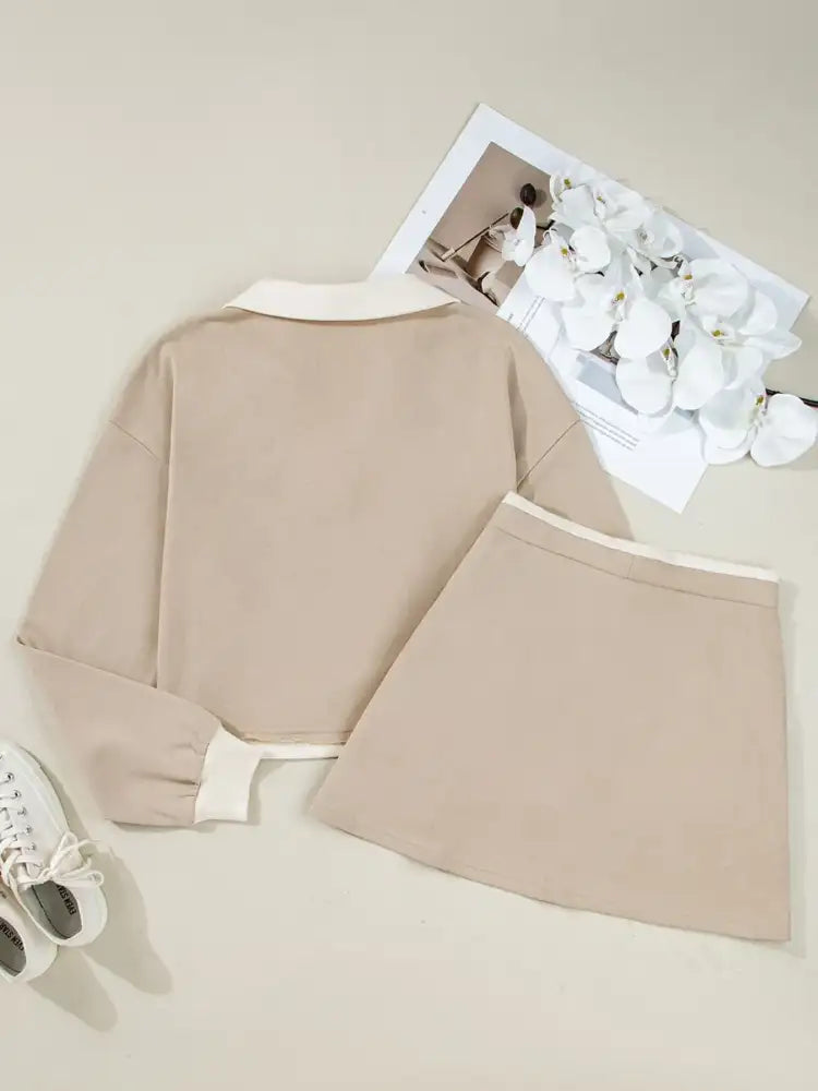 Contrast Collared Neck Top and Drawstring Mini Skirt Set