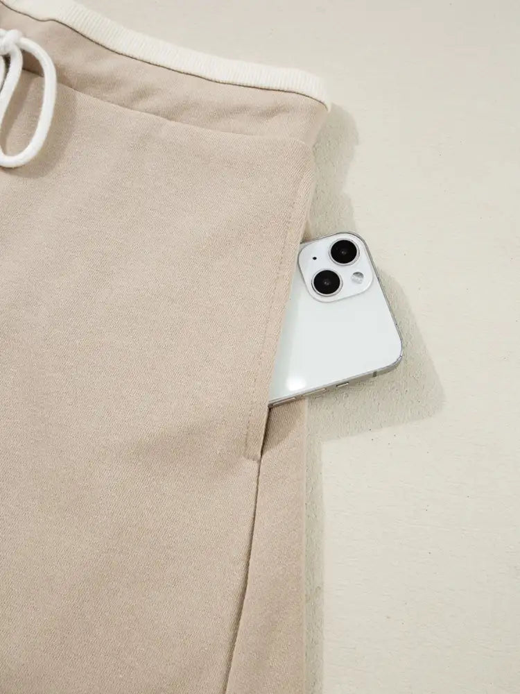 Contrast Collared Neck Top and Drawstring Mini Skirt Set