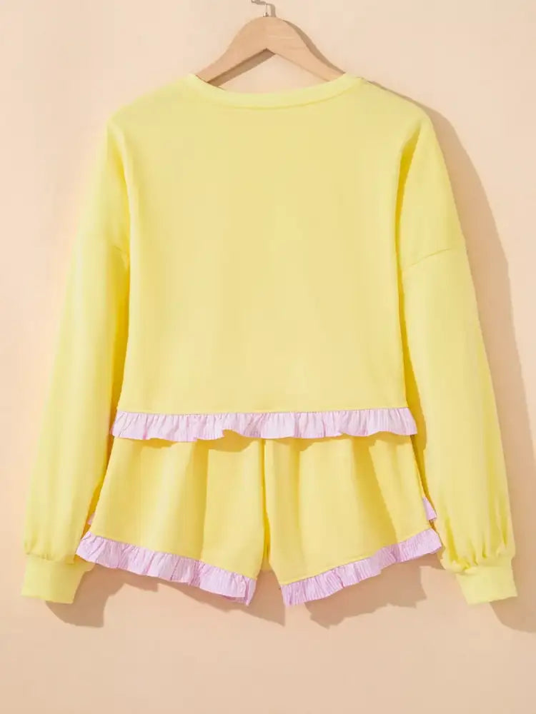 Contrast Frill Hem Round Neck Top and Shorts Set