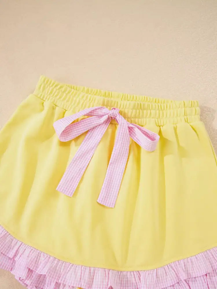 Contrast Frill Hem Round Neck Top and Shorts Set