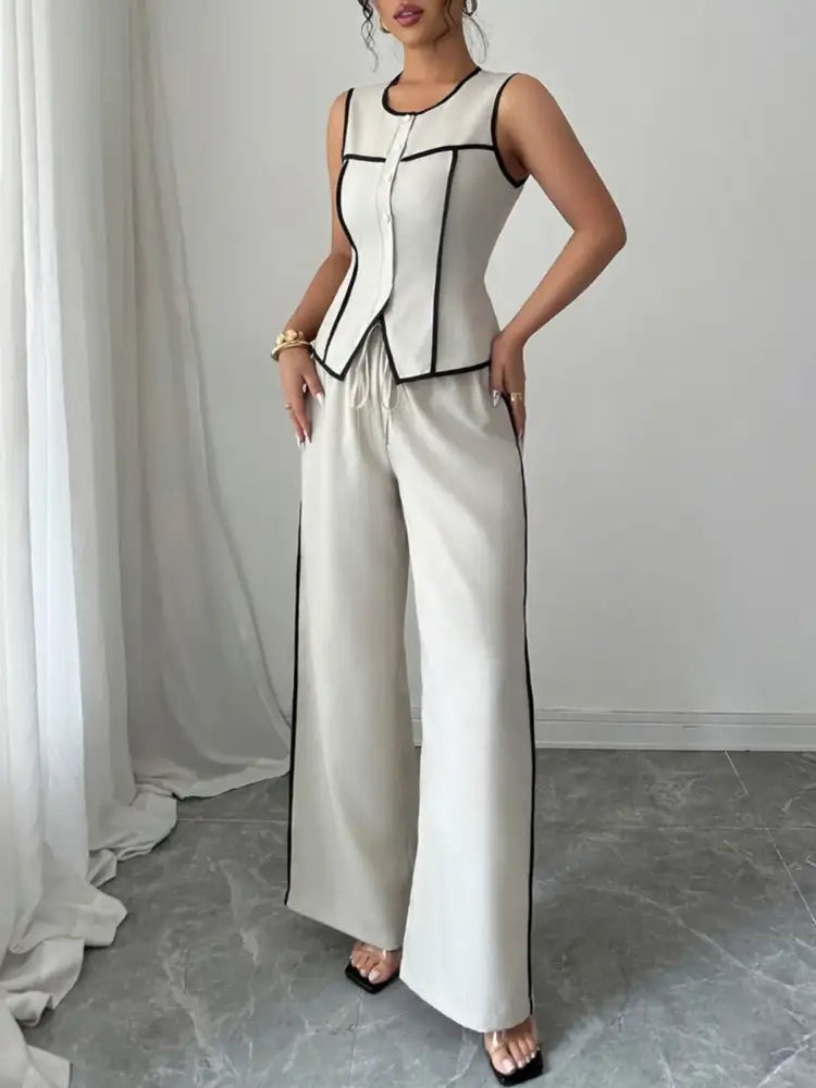 Contrast Piping Round Neck Top and Wide-Leg Pants Set
