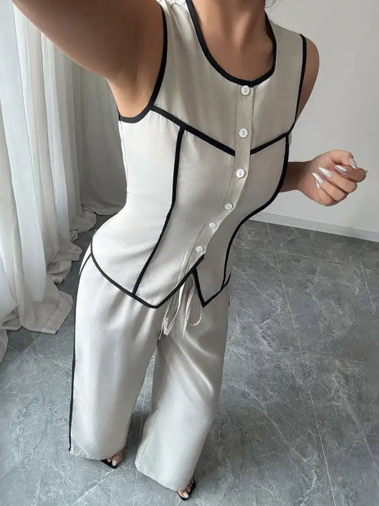 Contrast Piping Round Neck Top and Wide-Leg Pants Set