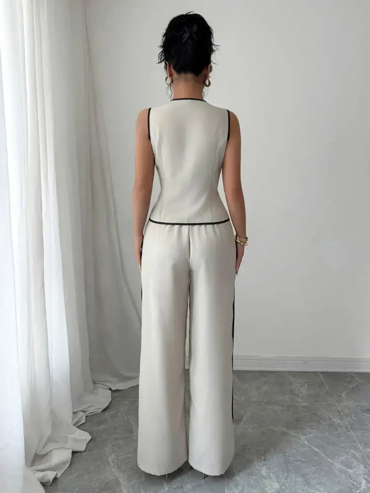 Contrast Piping Round Neck Top and Wide-Leg Pants Set