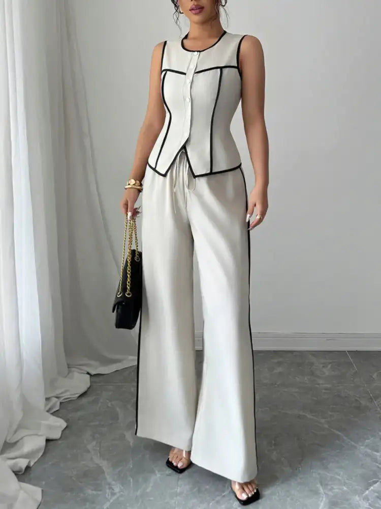 Contrast Piping Round Neck Top and Wide-Leg Pants Set