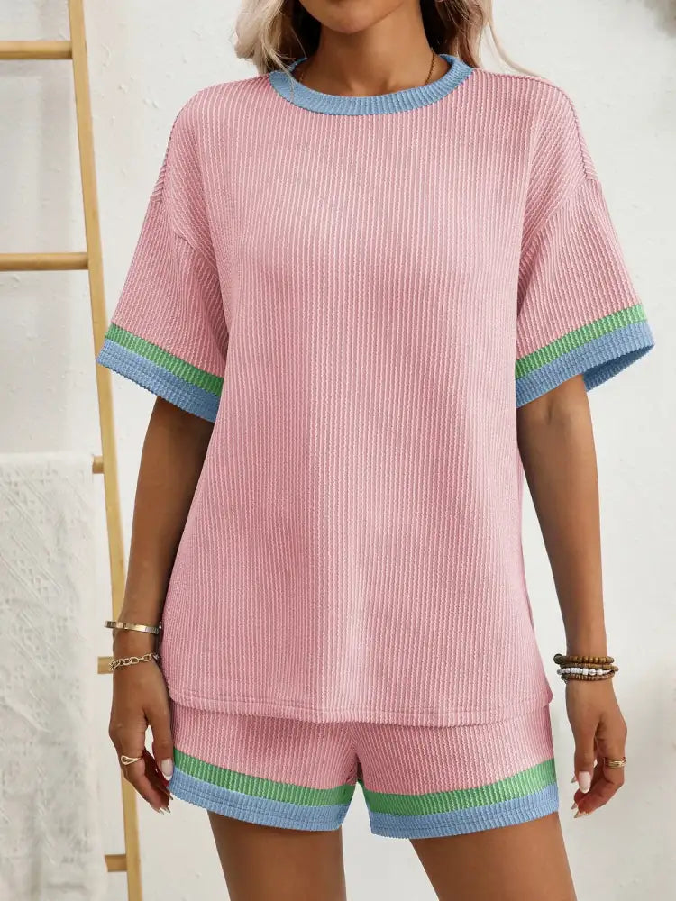 Contrast Round Neck Short Sleeve Top and Shorts Set