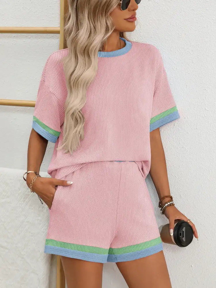 Contrast Round Neck Short Sleeve Top and Shorts Set