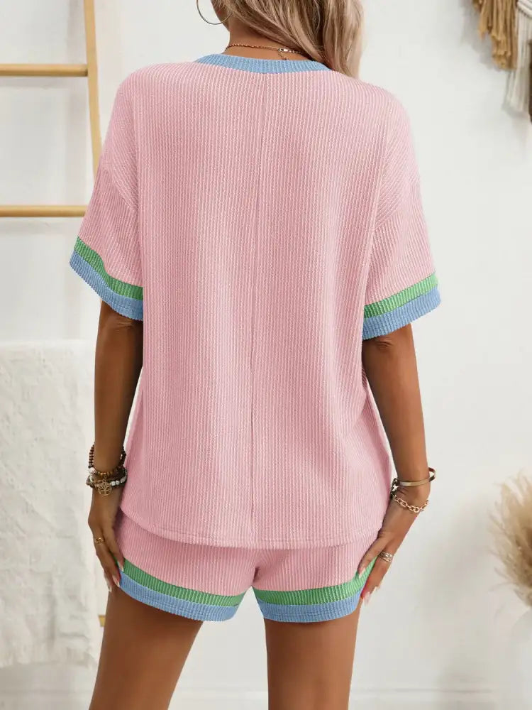 Contrast Round Neck Short Sleeve Top and Shorts Set