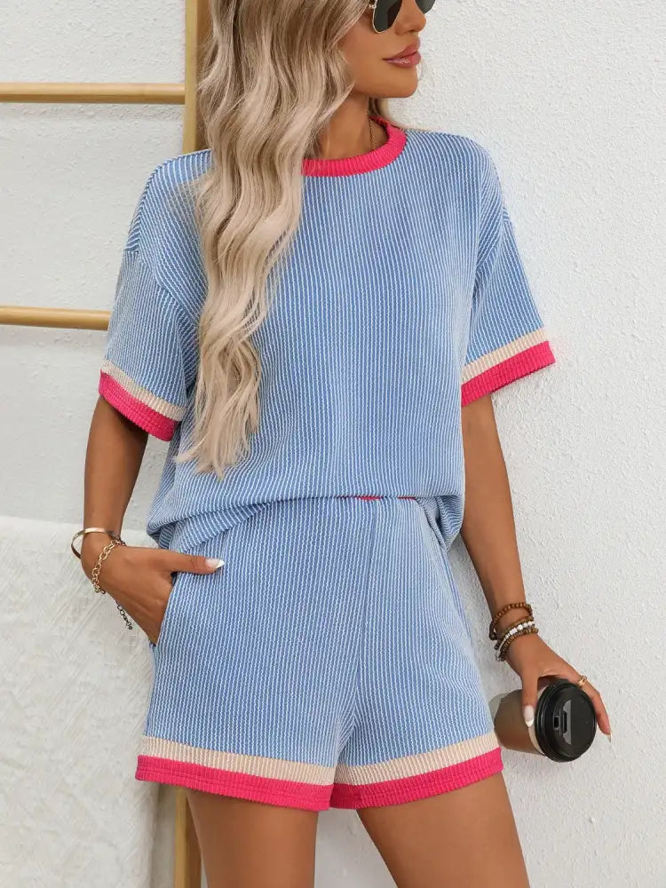 Contrast Round Neck Short Sleeve Top and Shorts Set