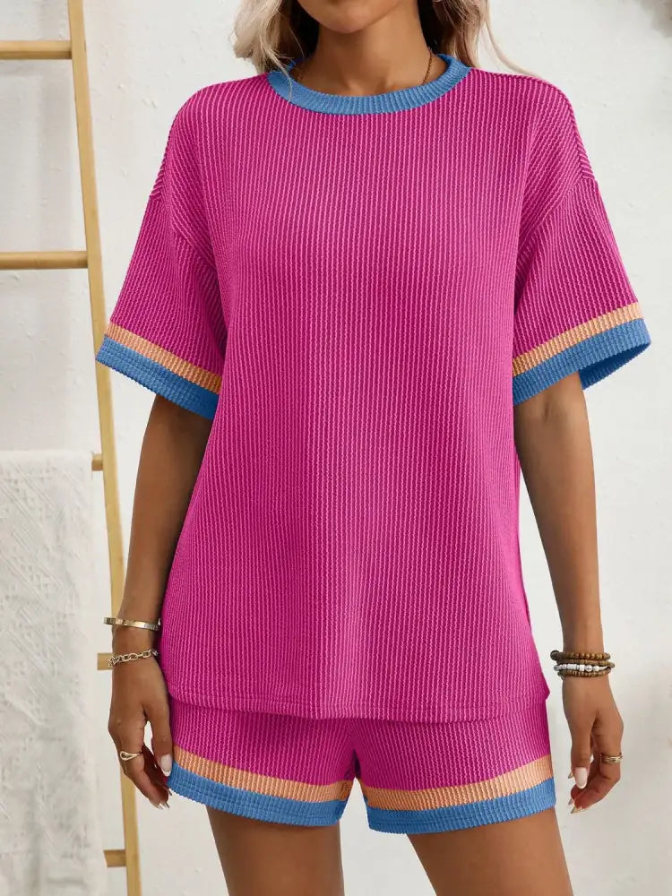 Contrast Round Neck Short Sleeve Top and Shorts Set