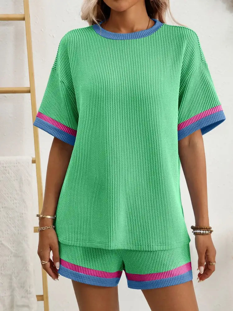 Contrast Round Neck Short Sleeve Top and Shorts Set