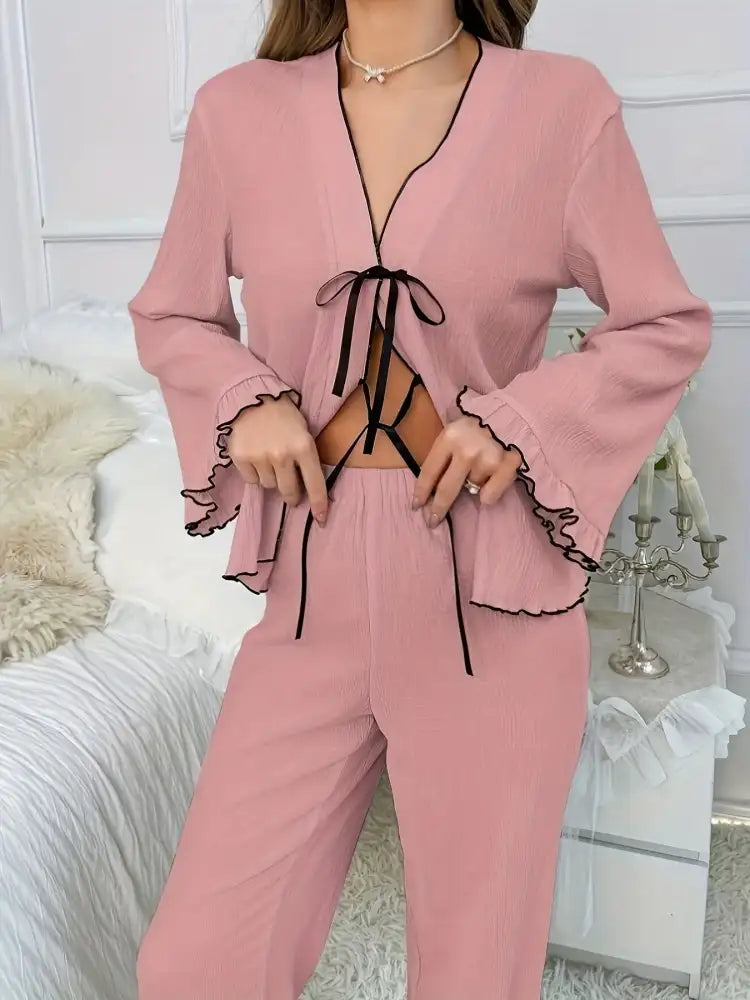 Contrast Trim Bow Tie Shirt and Pants Lounge Set