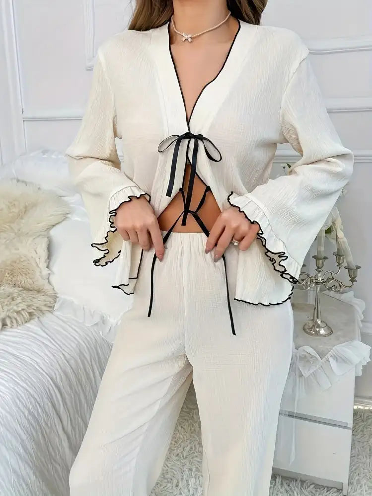 Contrast Trim Bow Tie Shirt and Pants Lounge Set