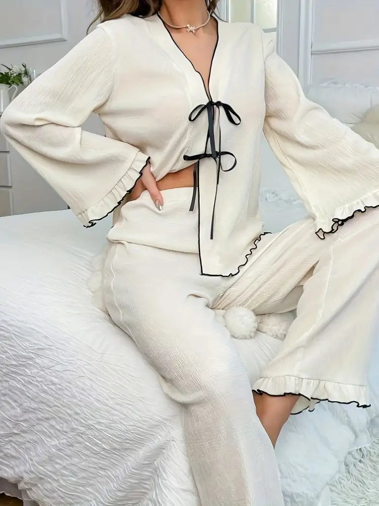 Contrast Trim Bow Tie Shirt and Pants Lounge Set