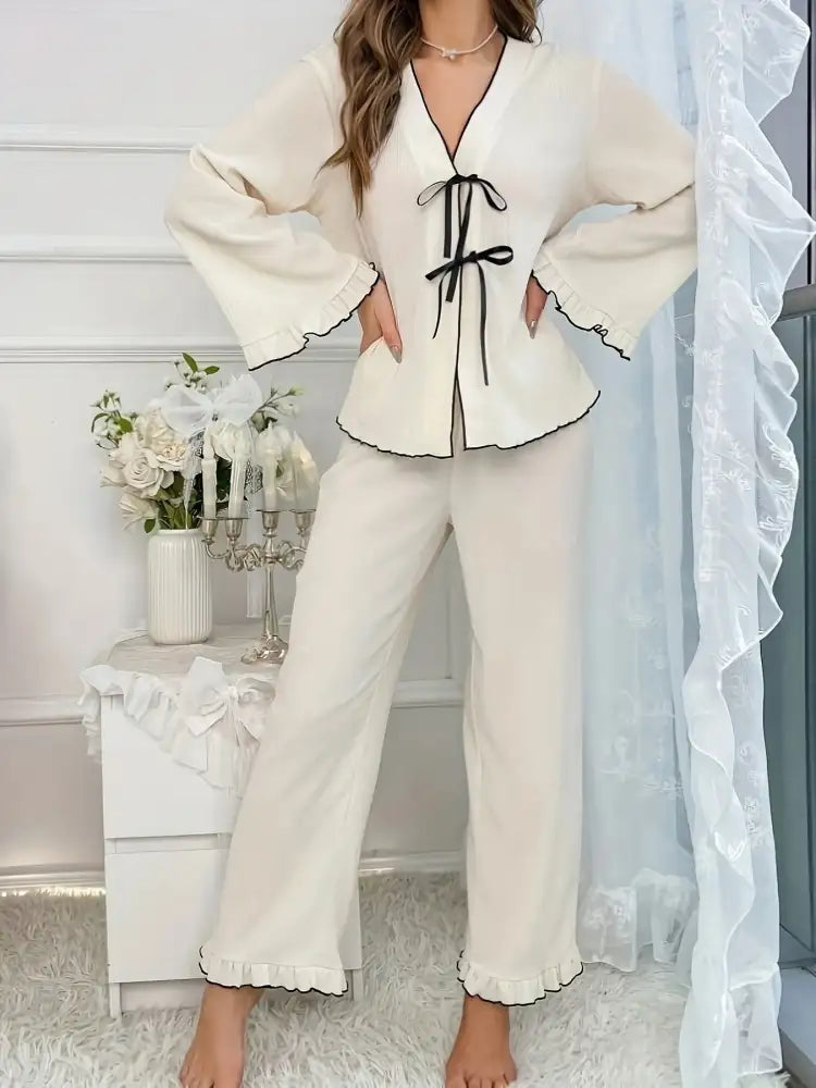 Contrast Trim Bow Tie Shirt and Pants Lounge Set