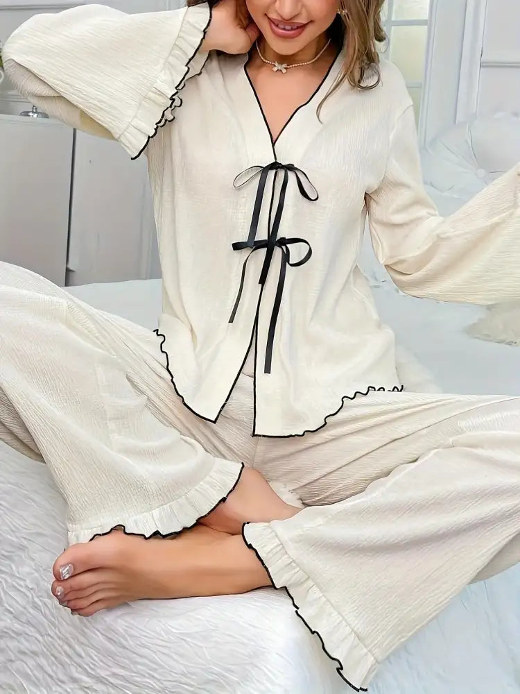 Contrast Trim Bow Tie Shirt and Pants Lounge Set