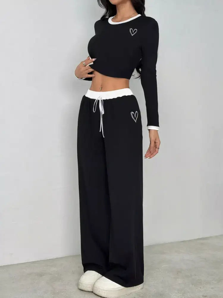 Contrast Trim Crop Top and Wide Leg Pants Set