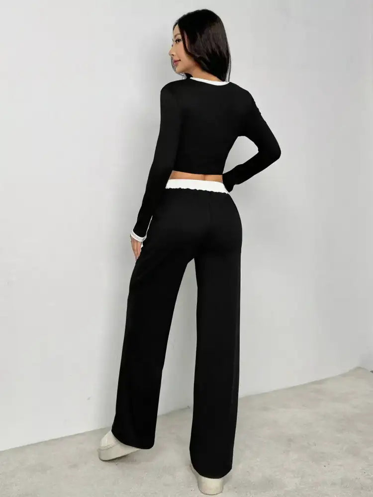 Contrast Trim Crop Top and Wide Leg Pants Set
