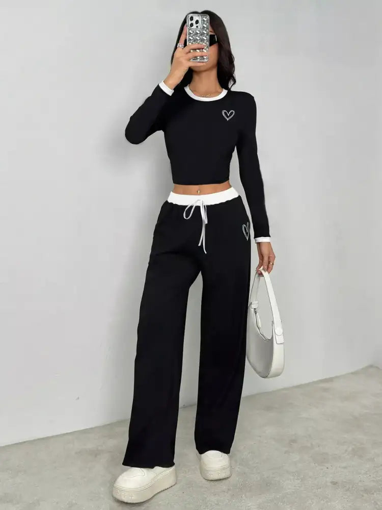 Contrast Trim Crop Top and Wide Leg Pants Set
