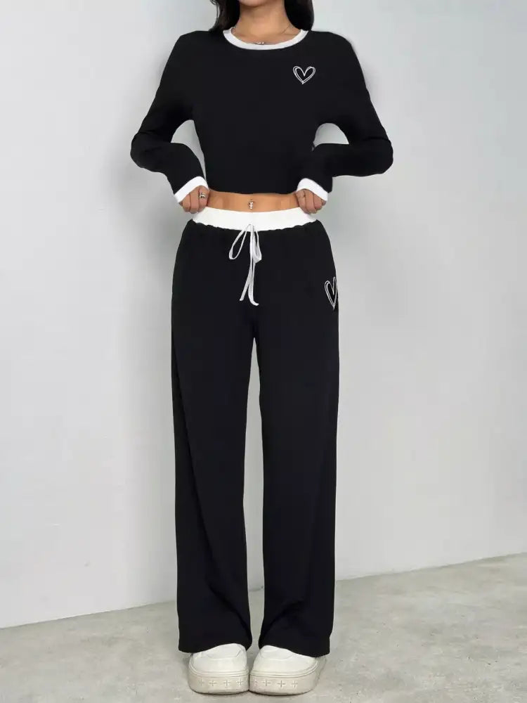 Contrast Trim Crop Top and Wide Leg Pants Set