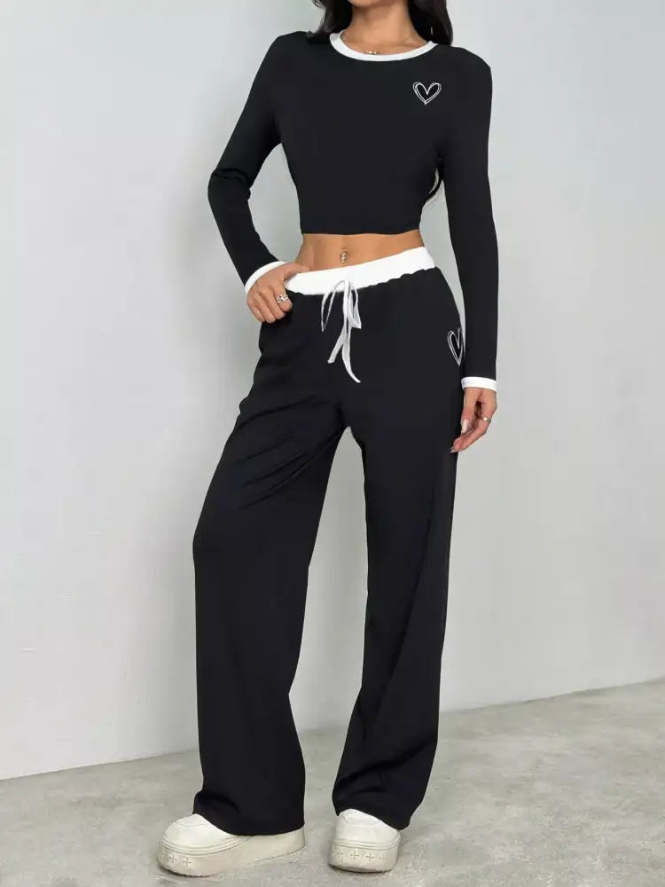 Contrast Trim Crop Top and Wide Leg Pants Set