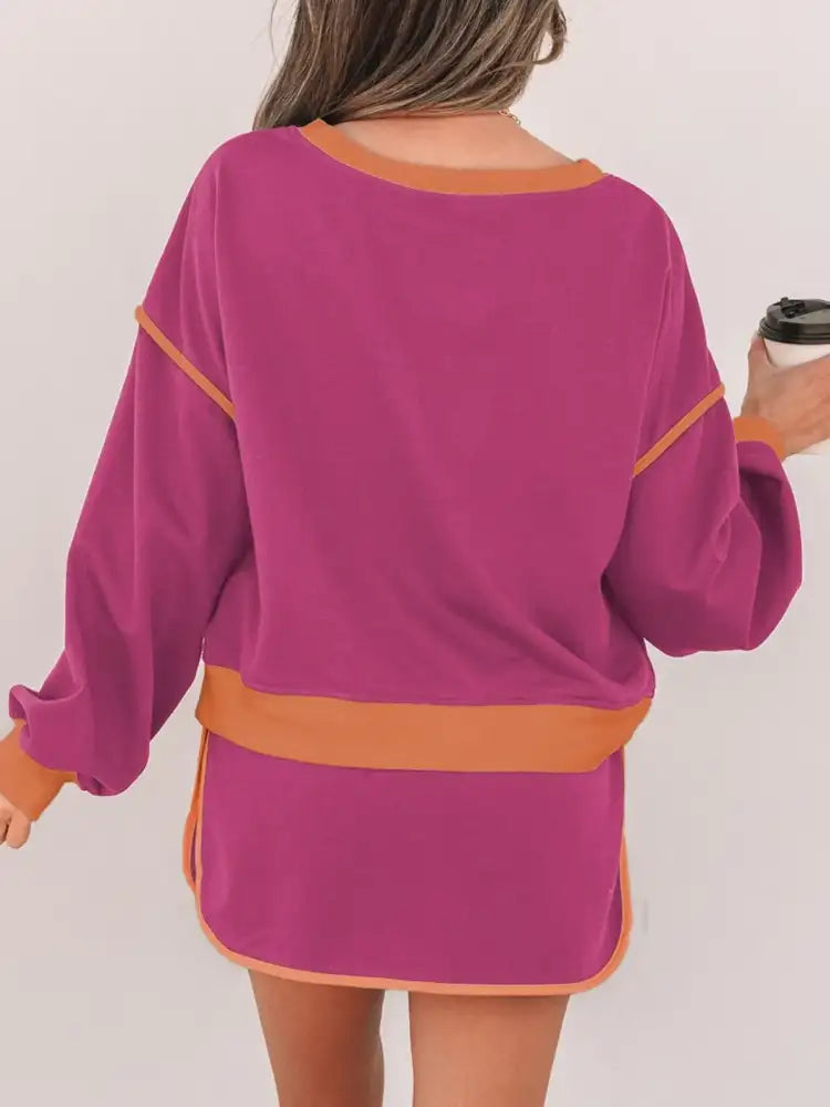 Contrast Trim Long Sleeve Top and Skort Set