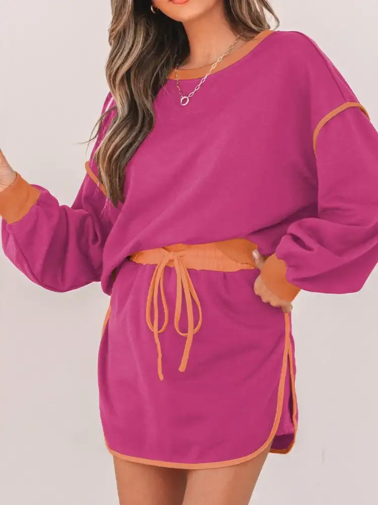 Contrast Trim Long Sleeve Top and Skort Set