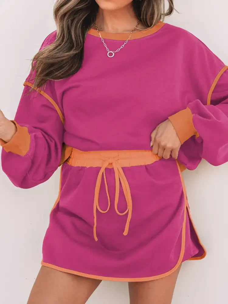 Contrast Trim Long Sleeve Top and Skort Set