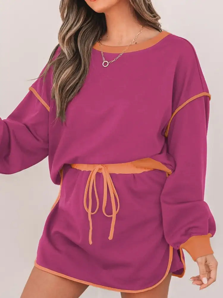 Contrast Trim Long Sleeve Top and Skort Set
