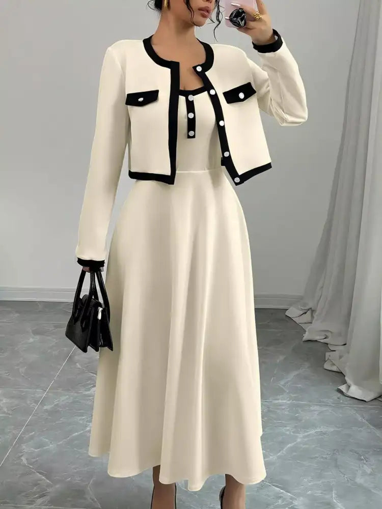 Contrast Trim Maxi Dress and Cropped Cardigan Set