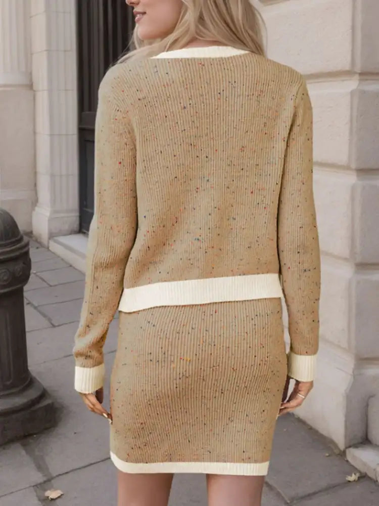 Contrast Trim Ribbed Top and Skirt Sweater Set