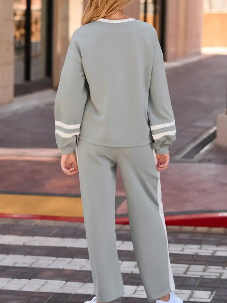 Contrast Trim Round Neck Top and Pants Set