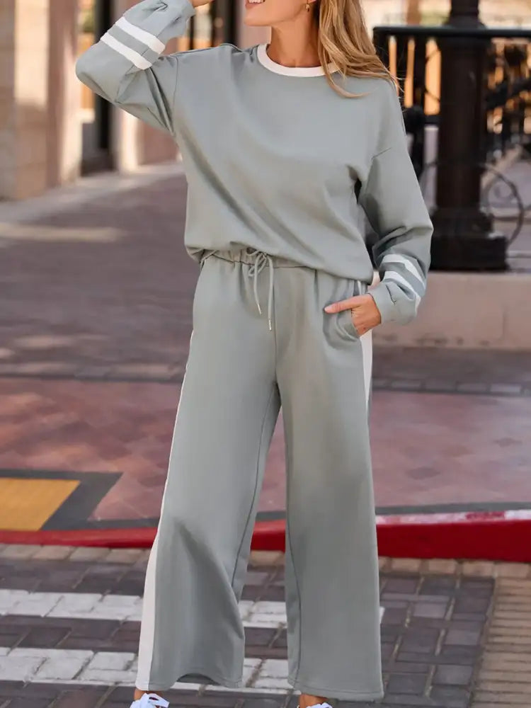 Contrast Trim Round Neck Top and Pants Set