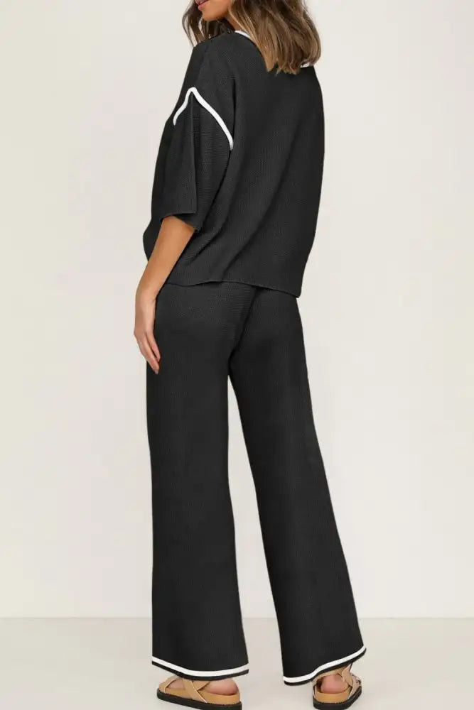 Contrast Trim Round Neck Top and Pants Set