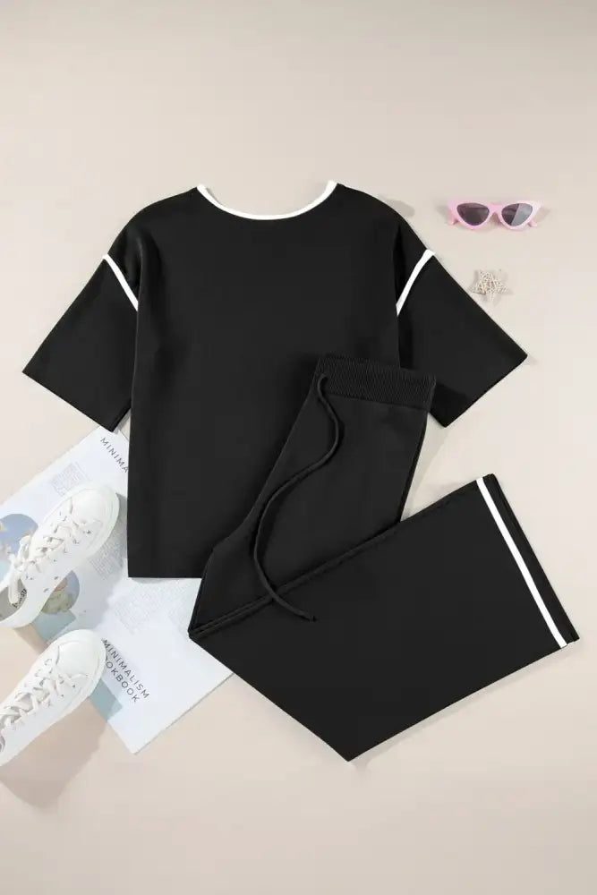Contrast Trim Round Neck Top and Pants Set