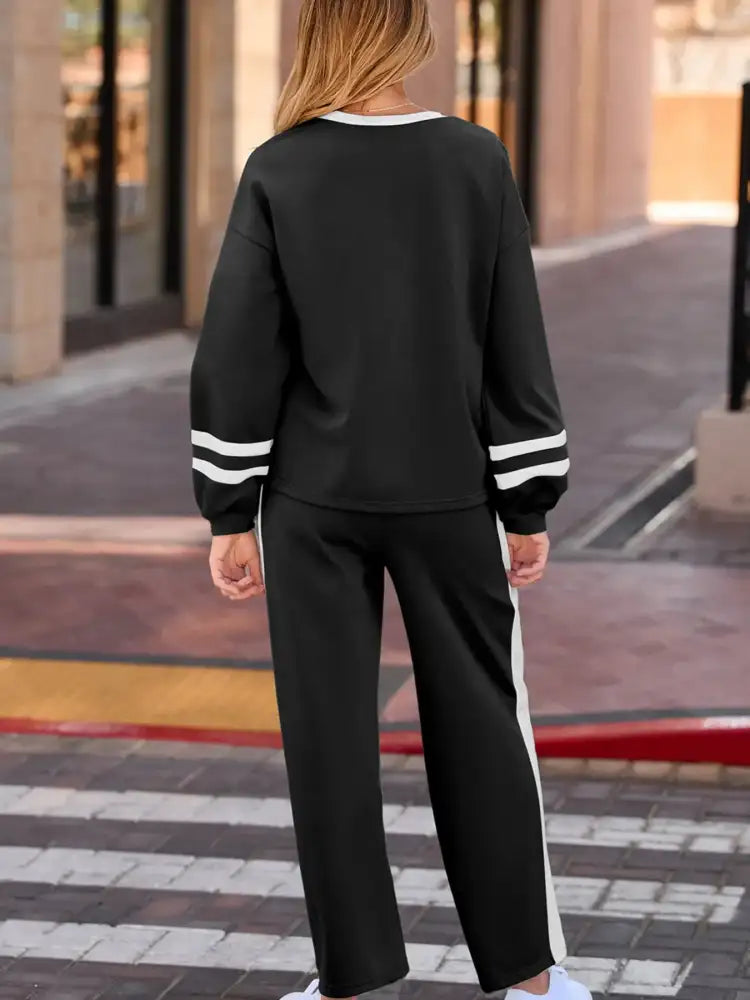 Contrast Trim Round Neck Top and Pants Set