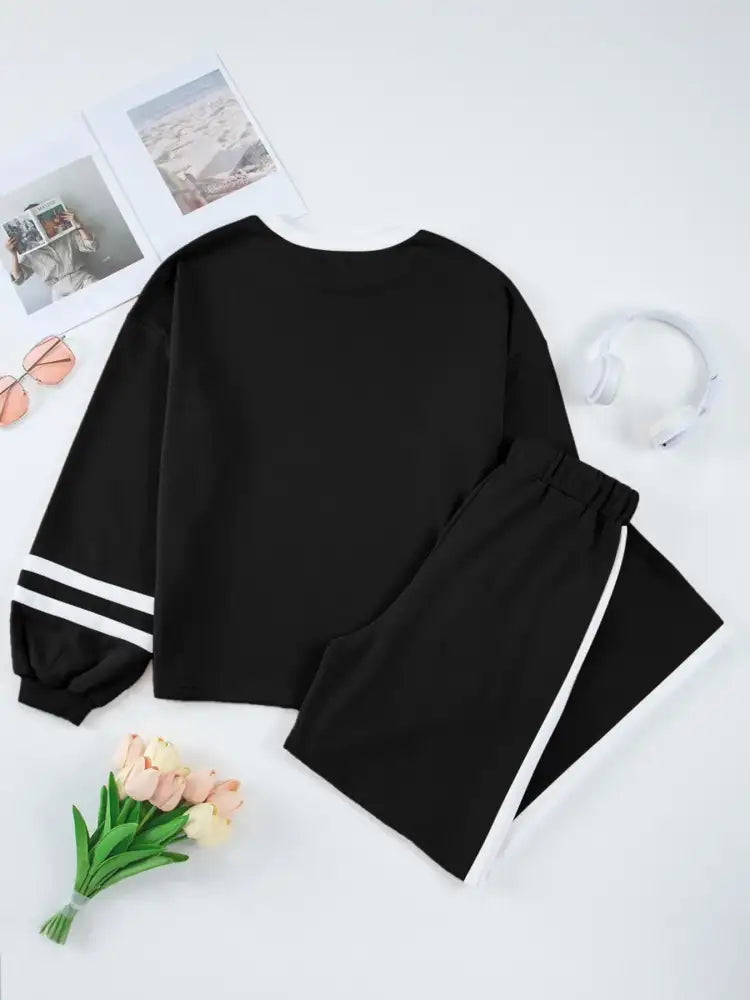 Contrast Trim Round Neck Top and Pants Set