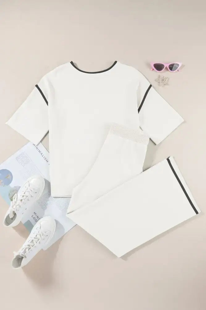 Contrast Trim Round Neck Top and Pants Set