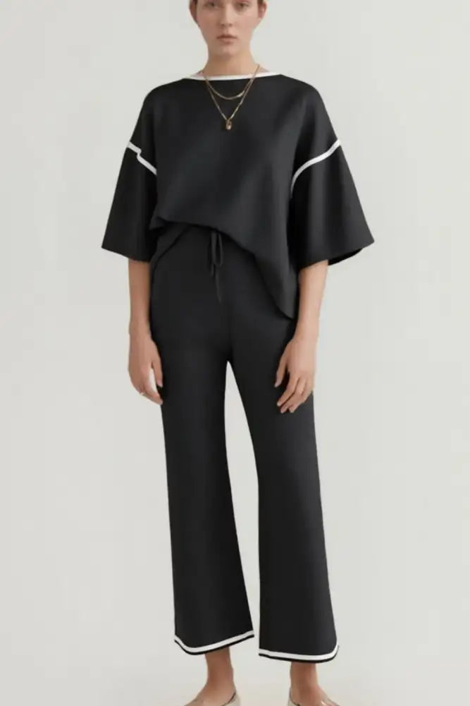 Contrast Trim Round Neck Top and Pants Set