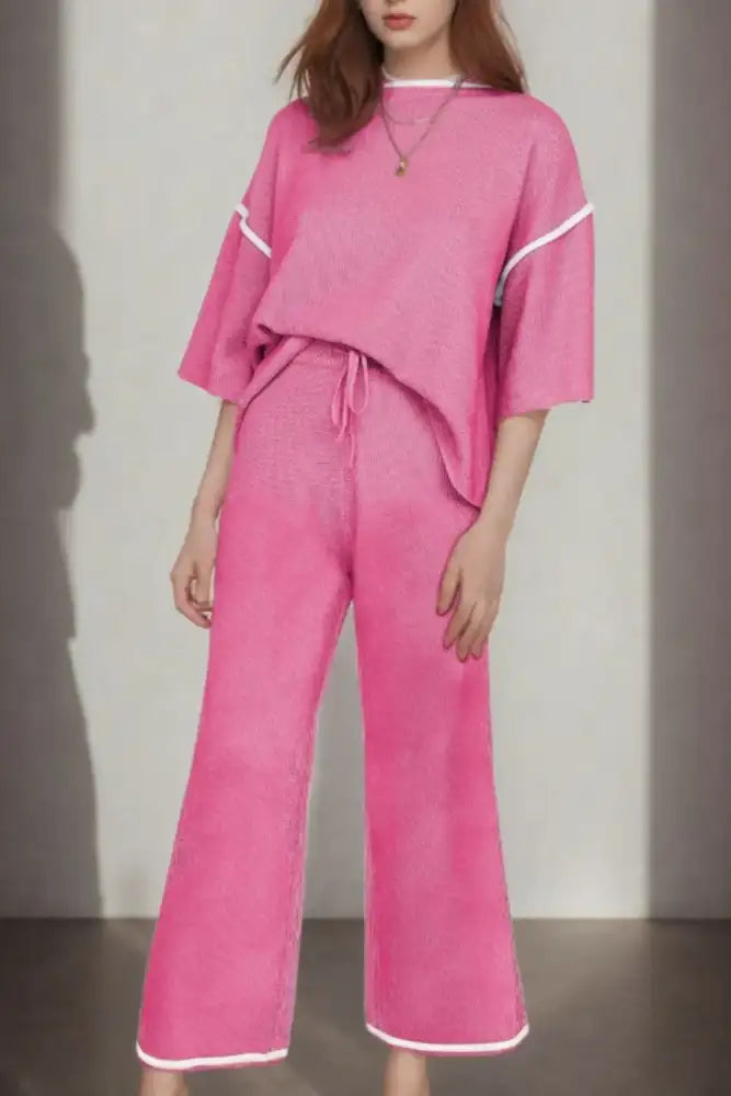 Contrast Trim Round Neck Top and Pants Set