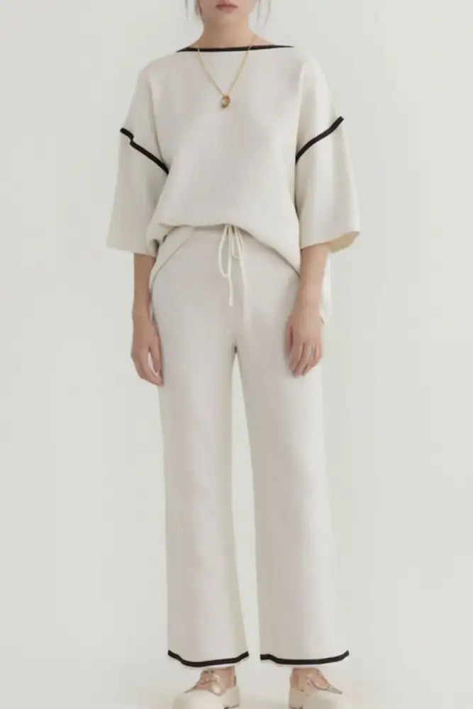 Contrast Trim Round Neck Top and Pants Set