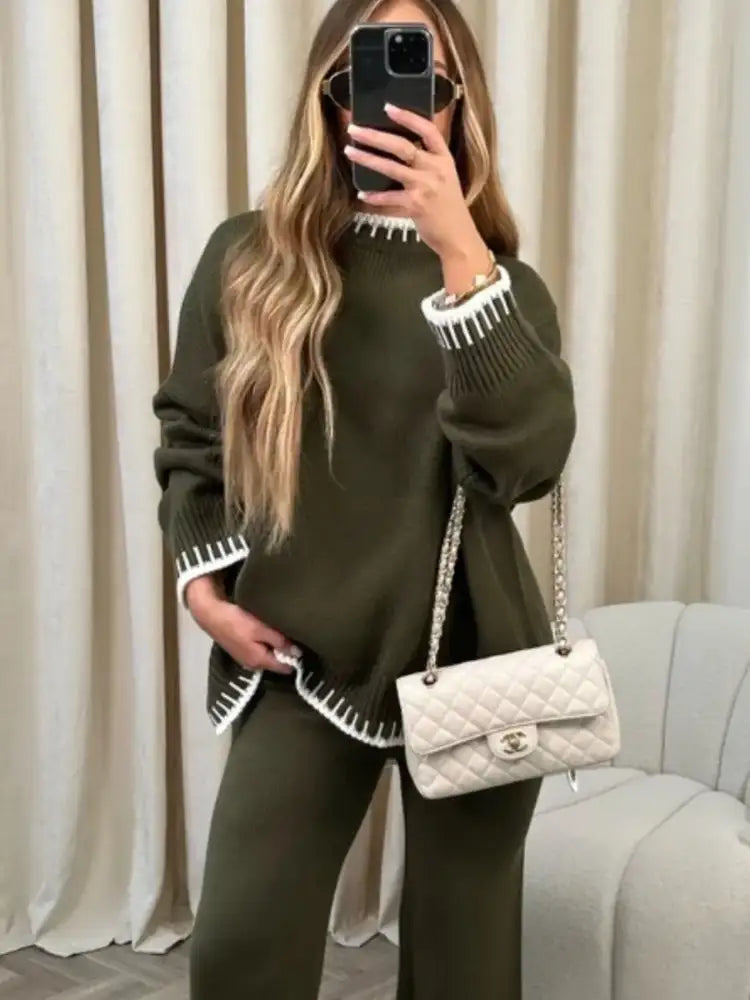 Contrast Trim Round Neck Top and Pants Sweater Set