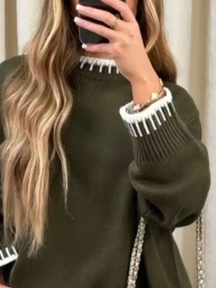 Contrast Trim Round Neck Top and Pants Sweater Set