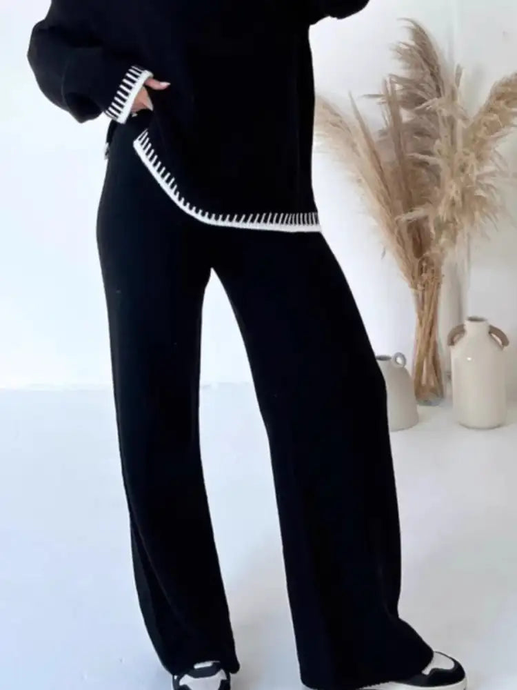Contrast Trim Round Neck Top and Pants Sweater Set