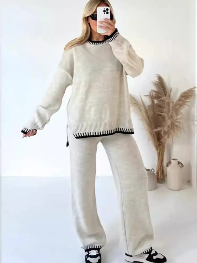 Contrast Trim Round Neck Top and Pants Sweater Set