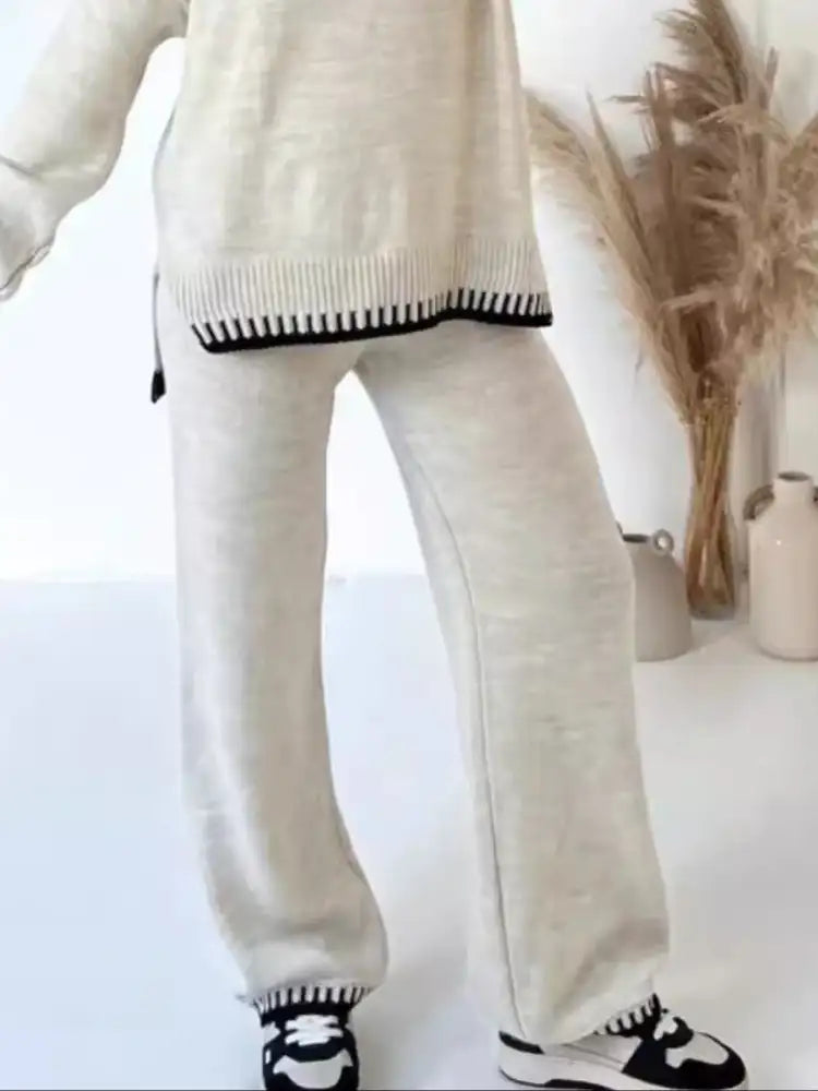 Contrast Trim Round Neck Top and Pants Sweater Set