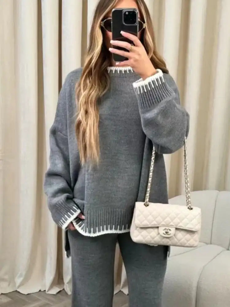 Contrast Trim Round Neck Top and Pants Sweater Set
