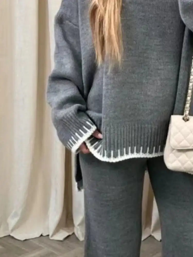 Contrast Trim Round Neck Top and Pants Sweater Set