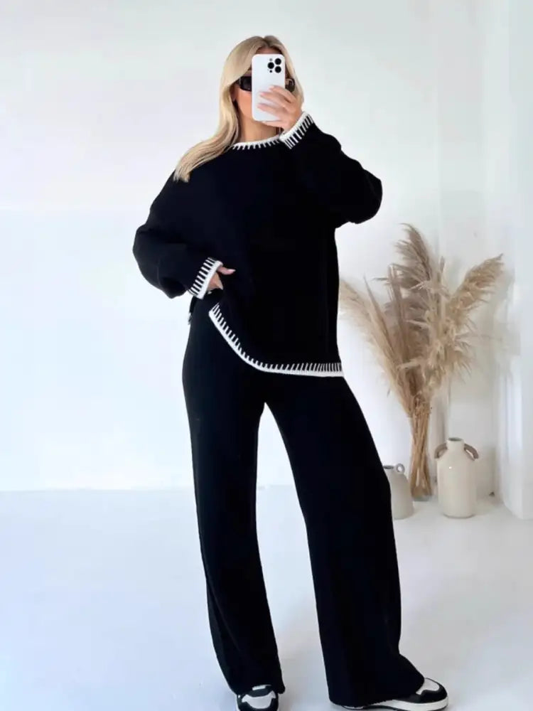 Contrast Trim Round Neck Top and Pants Sweater Set