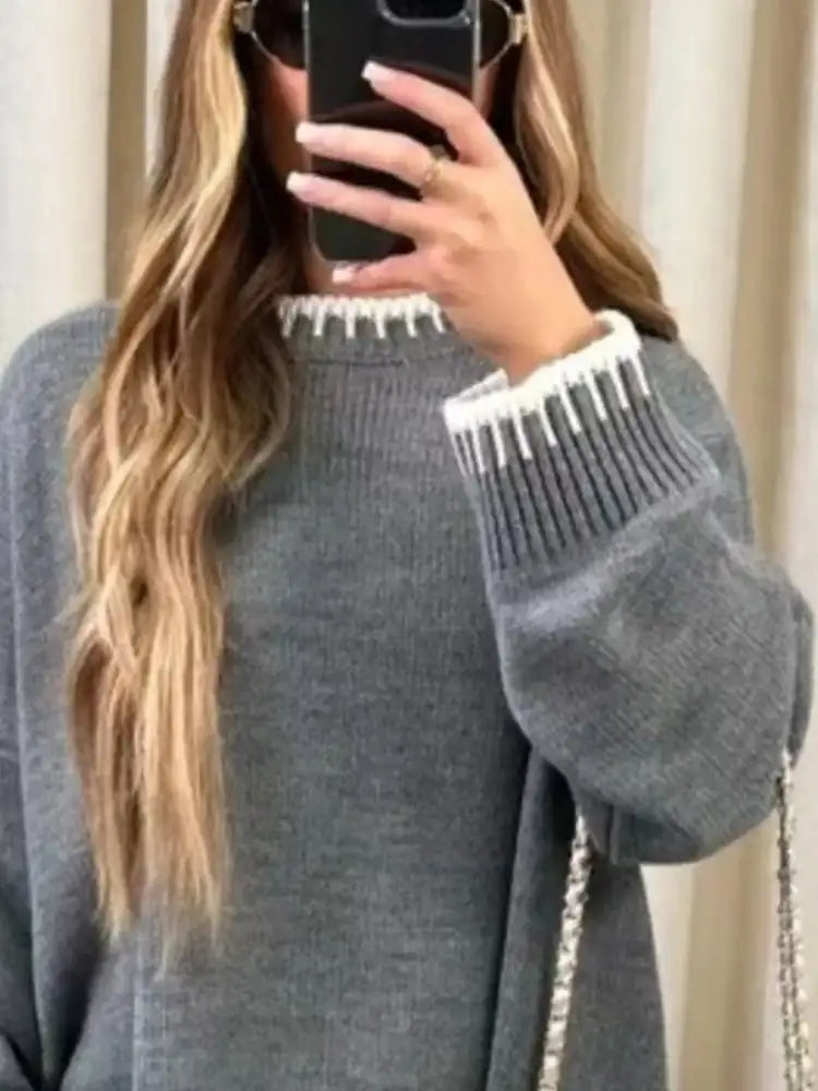 Contrast Trim Round Neck Top and Pants Sweater Set