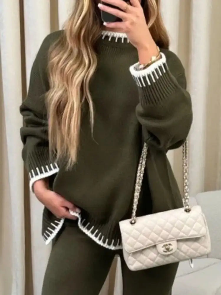 Contrast Trim Round Neck Top and Pants Sweater Set